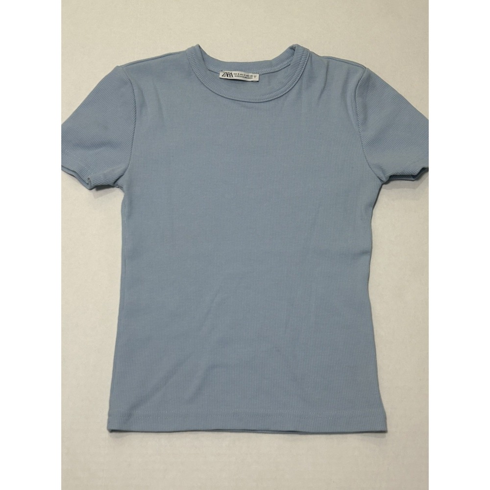 Zara Women's Blue Crew Neck Short Sleeve Cotton Knit Slim Fit T-Shirt. Small
